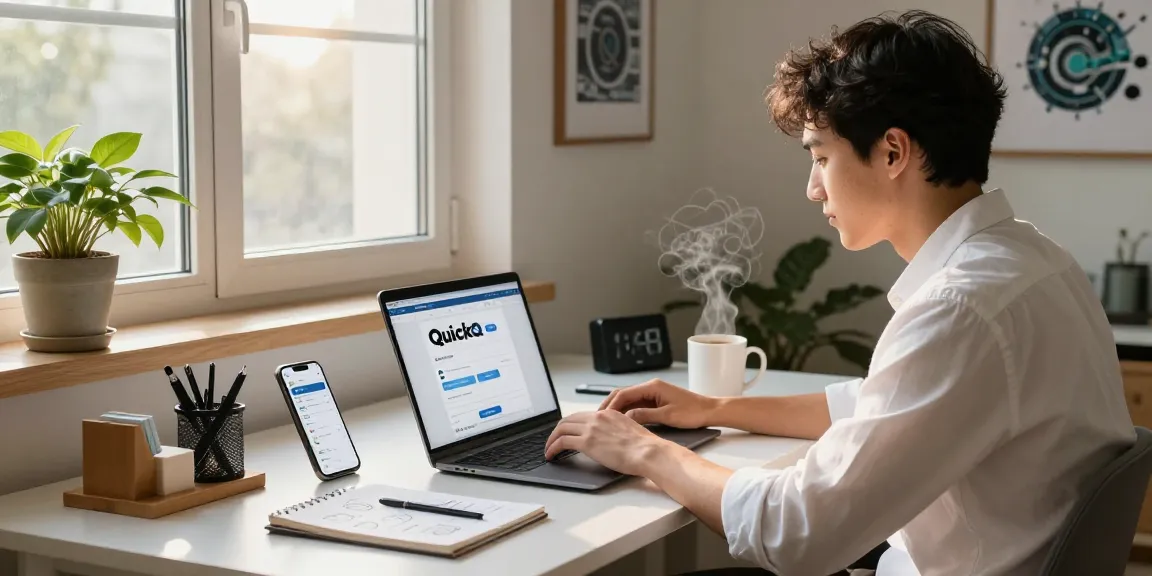 正在使用QuickQ下载页面的年轻职业人士，现代家办公环境