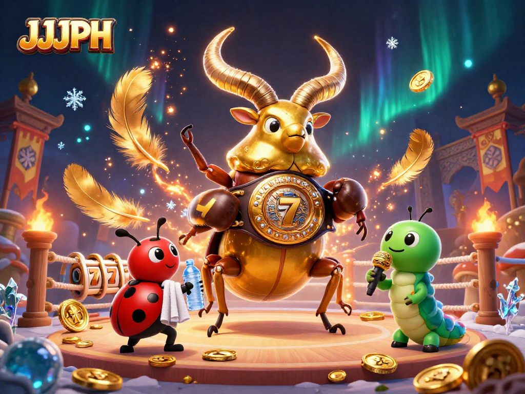 Bet Big with JJJPH: A stunning 3D illustration of a giant stag beetle boxing in a lavish casino setting.