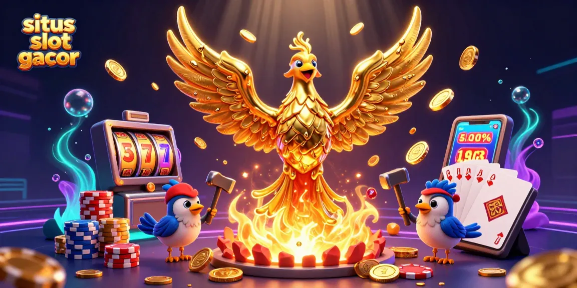 Experience thrilling wins with situs slot gacor, showcasing a vibrant 3D casino scene of golden phoenix and slot symbols.