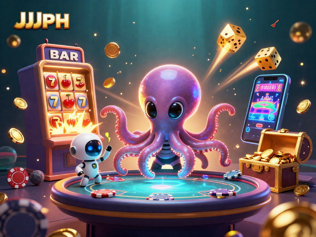 Experience JJJPH excitement with a vibrant 3D casino scene featuring an alien octopus and jackpot fun.