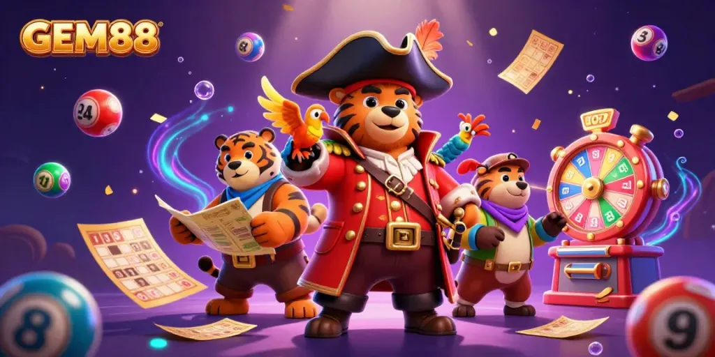 Experience exciting gaming adventures at GEM88 with colorful lottery balls and dynamic casino elements.