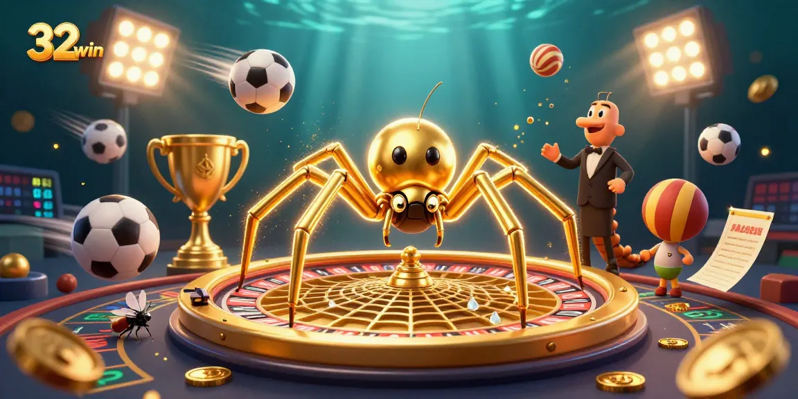32win showcases a lively scene where a golden spider and centipede croupier engage in a thrilling gambling experience.