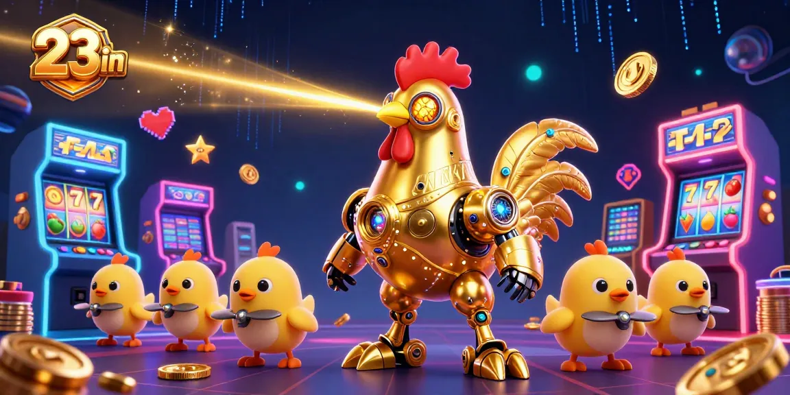 Engage with the interactive atmosphere of 23win, featuring a golden rooster robot and lively gaming elements.