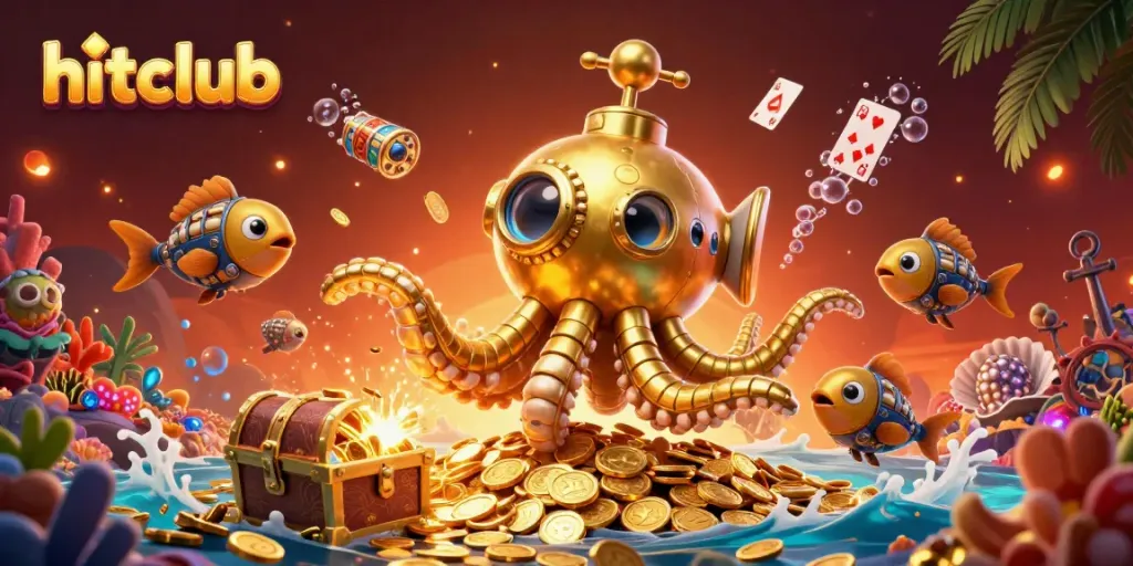 Experience the excitement of hitclub casino with a golden kraken submarine and mechanical fish amidst a sea of gold.