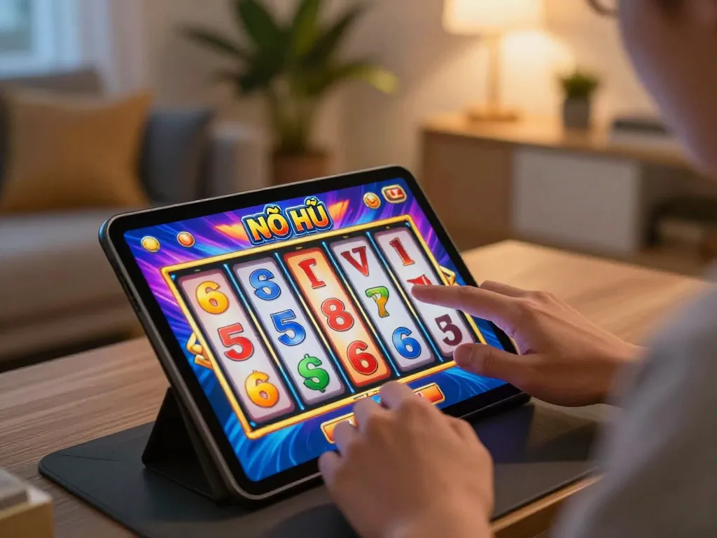 Nổ Hũ action as player spins the reels on a tablet, showcasing engaging online gambling experience