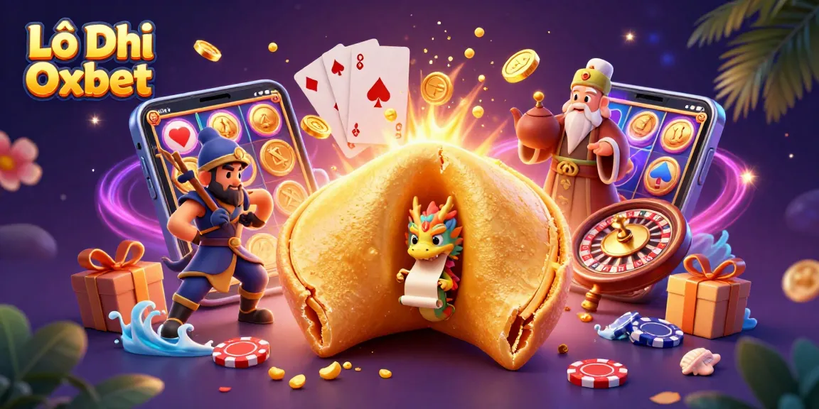 Lô Đề Oxbet showcases a vibrant scene with a playful dragon, golden fortune cookie, and thrilling casino elements.