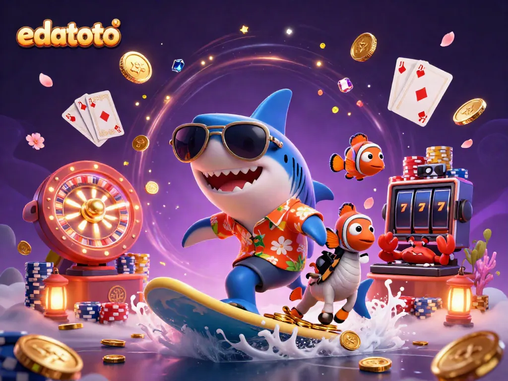 Experience the excitement of edatoto with characters surfing gold coins alongside casino elements and vibrant details.
