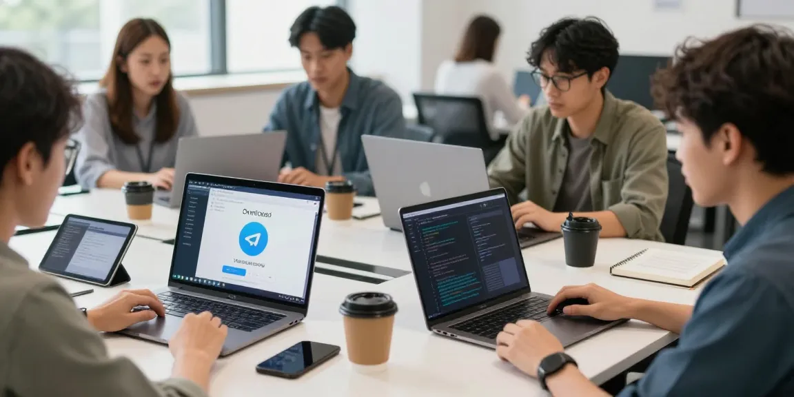 Collaborative team working on Telegram下载 app development in a modern tech workspace.