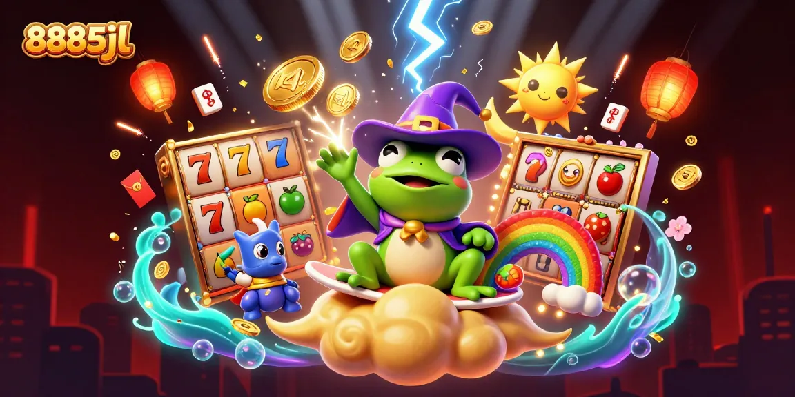 Experience the thrill of 8885jl with a vibrant casino-themed 3D illustration filled with magical elements.