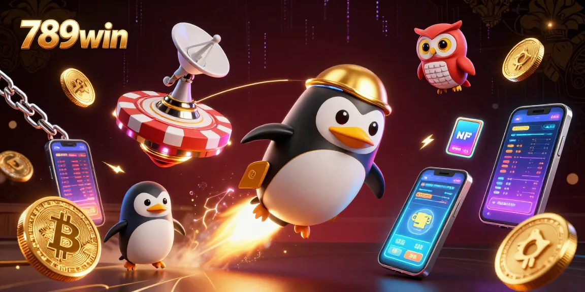 Engage with 789win's vibrant 3D illustration showcasing a golden penguin in space surrounded by crypto elements.
