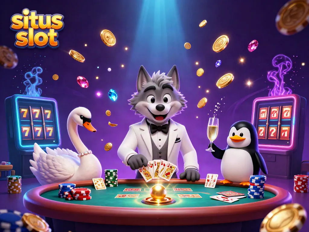 Experience the excitement of situs slot with a charming scene featuring a wolf, swan, and penguin in a vibrant casino.