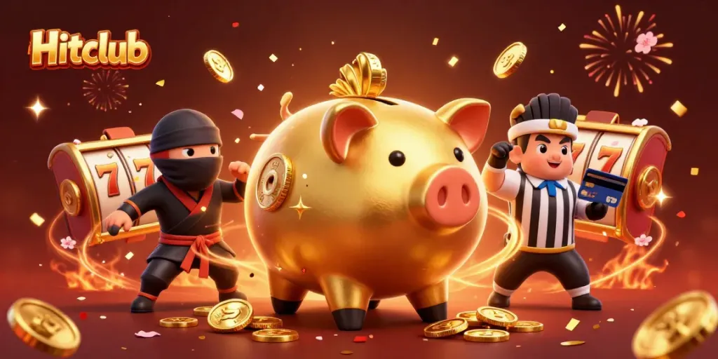 Hitclub's vibrant slot game dynamics featuring a golden piggy bank, a ninja, and a samurai in a rich celebration scene.