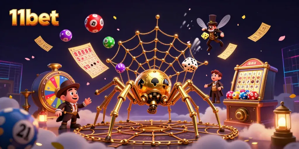 Engage in thrilling gameplay with 11bet as the steampunk spider traps dice in a vivid casino web.
