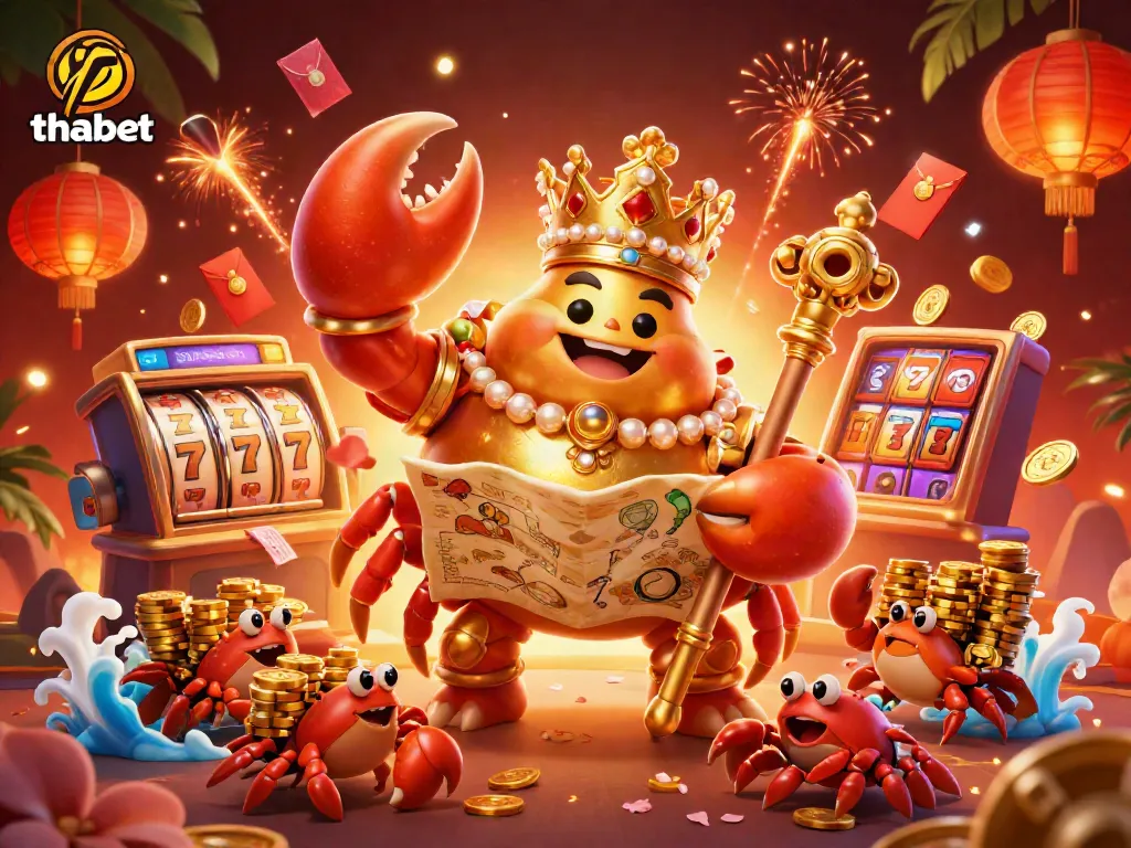 Engage with thabet through a lively illustration of a golden crab emperor and gaming elements in a vibrant casino setting.
