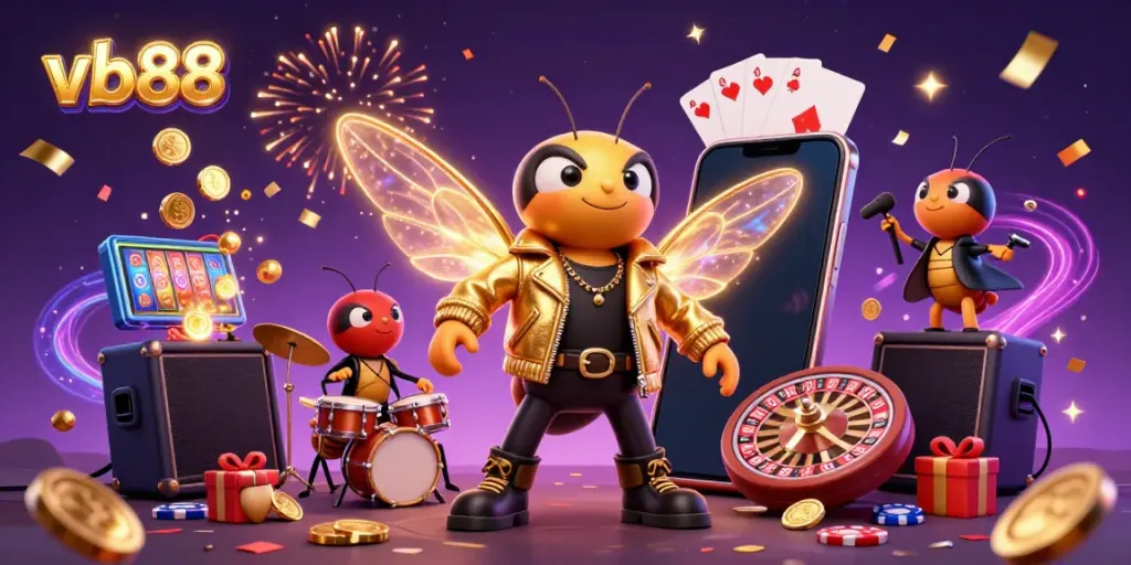 Experience the excitement of vb88 with a vibrant 3D illustration showcasing a cicada rock star and casino games.