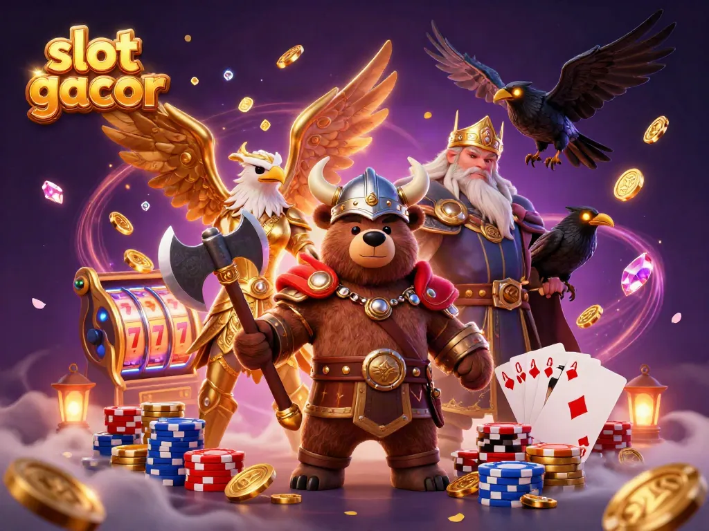 Engaging slot gacor scene featuring a Viking bear and Valkyrie eagle amidst casino-themed elements.