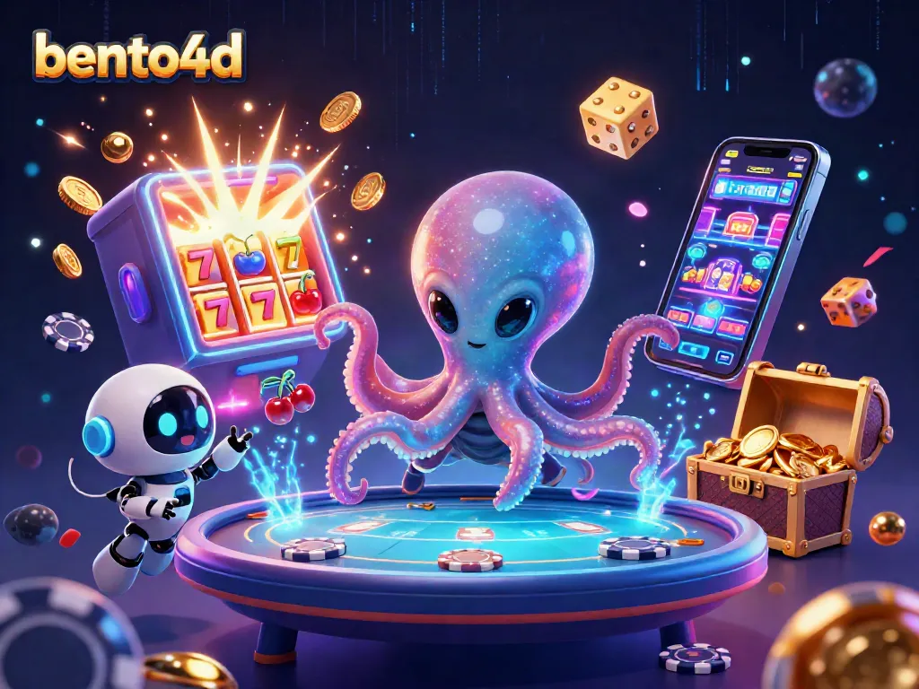 Win big at bento4d with a vibrant 3D illustration showcasing a slots explosion and dynamic casino elements.
