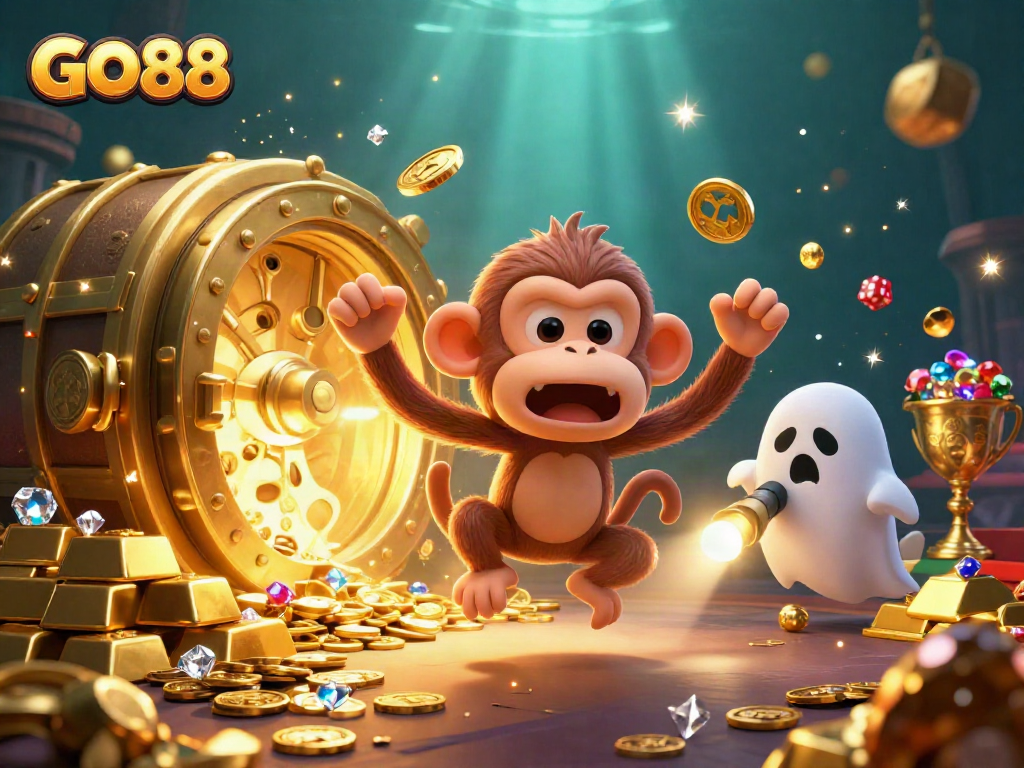 GO88 showcases a playful poltergeist monkey juggling in a dynamic casino atmosphere.