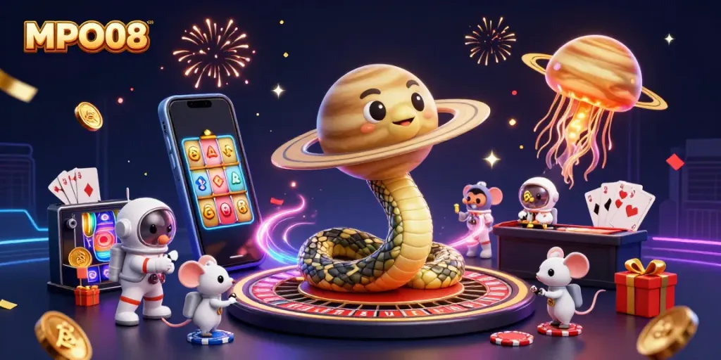 Experience sports betting excitement with MPO08's vibrant 3D casino scene filled with dynamic characters and game elements.