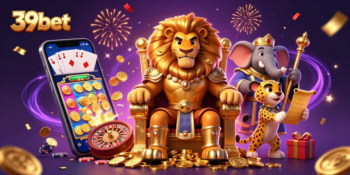 Engage with 39bet's thrilling online casino experience through a vibrant 3D illustration showcasing slot games and royal characters.