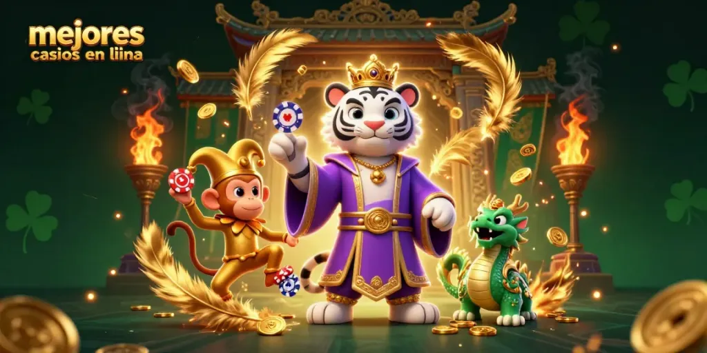 Descubre los mejores casinos en línea mientras un tigre blanco elegante y un mono dorado disfrutan del juego.