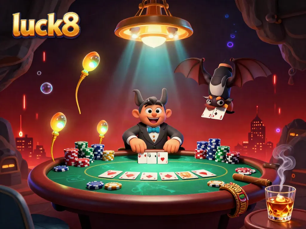 Experience luck8's vibrant casino atmosphere animated by glowing worms and a bat dealer.