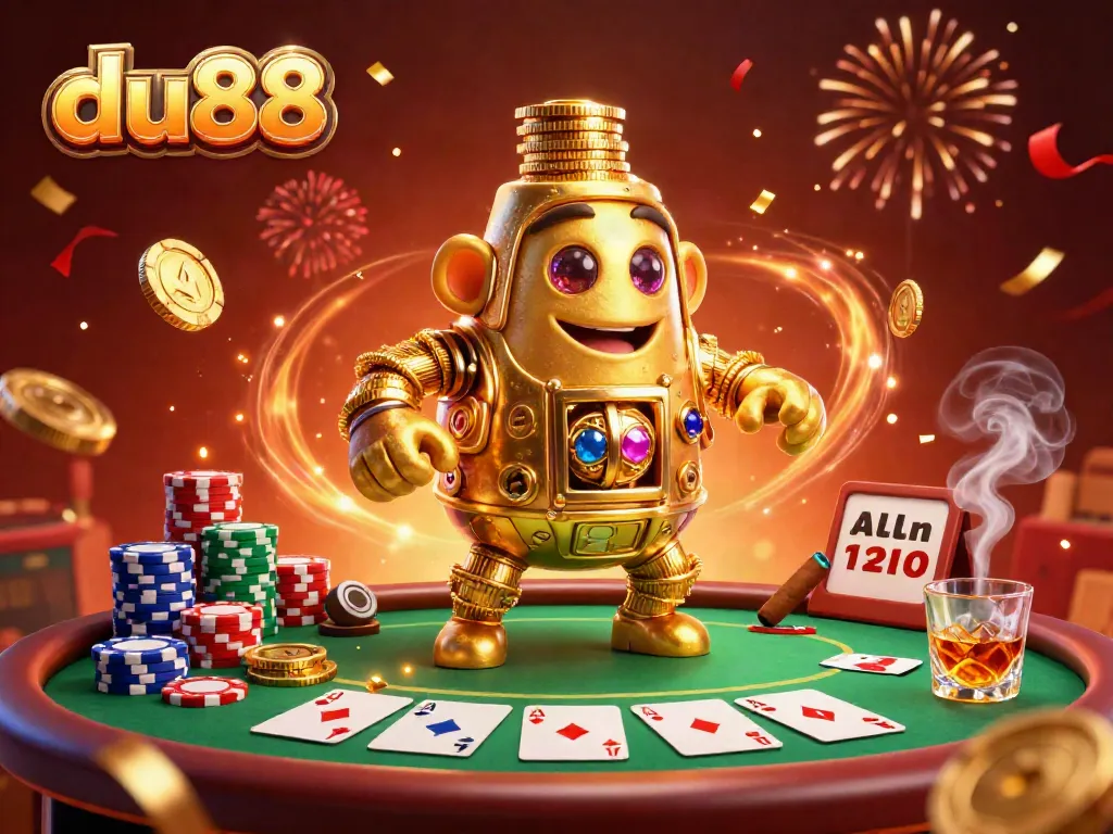 Engaging golden golem representing du88 dances amidst poker excitement and lavish gaming elements.