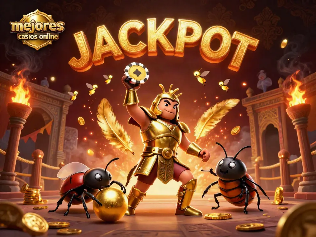 Ilustración 3D de los mejores casinos online, un escarabajo hercules y un compañero con un chorro de premios