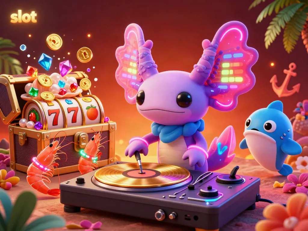 Experience the excitement of slot games with a vibrant underwater scene featuring a DJ axolotl.