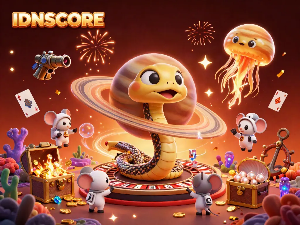 Experience thrilling bets with IDNSCORE in a cosmic roulette scene featuring fun characters and excitement.