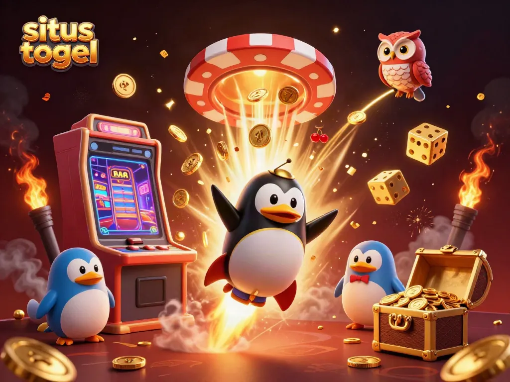 Engage with situs togel through an exciting illustration of a golden penguin navigating a casino cosmos.