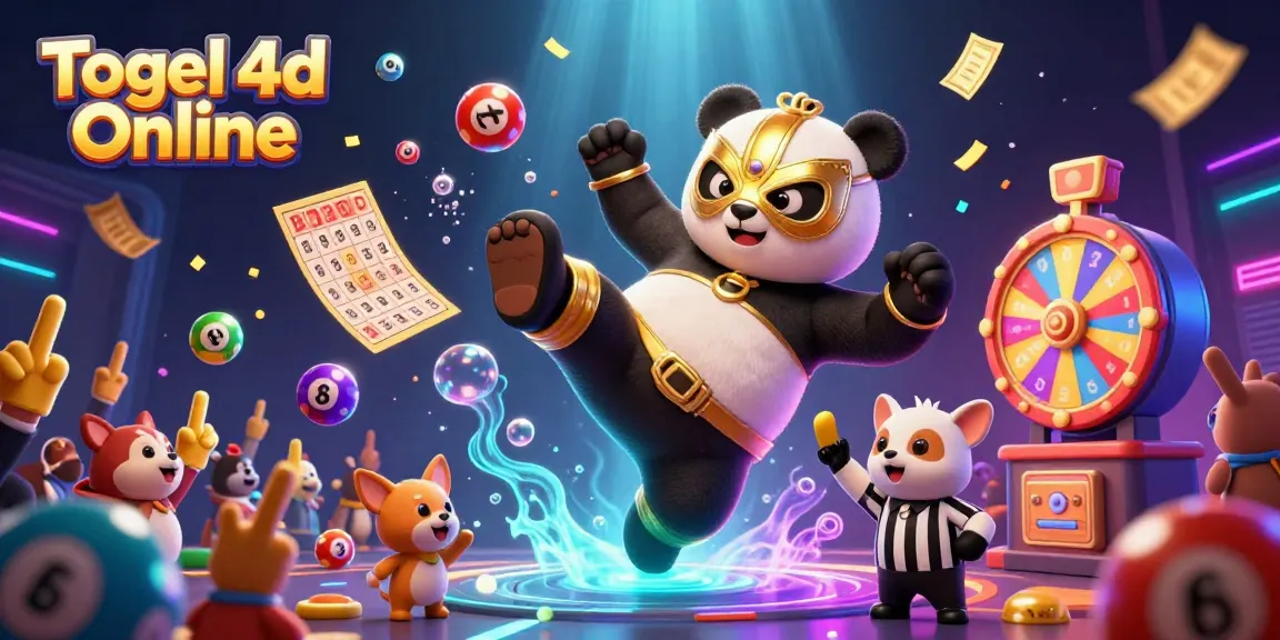 Togel 4d Online brings excitement with a panda wrestler's flying kick amid lottery elements and cheering animal fans.