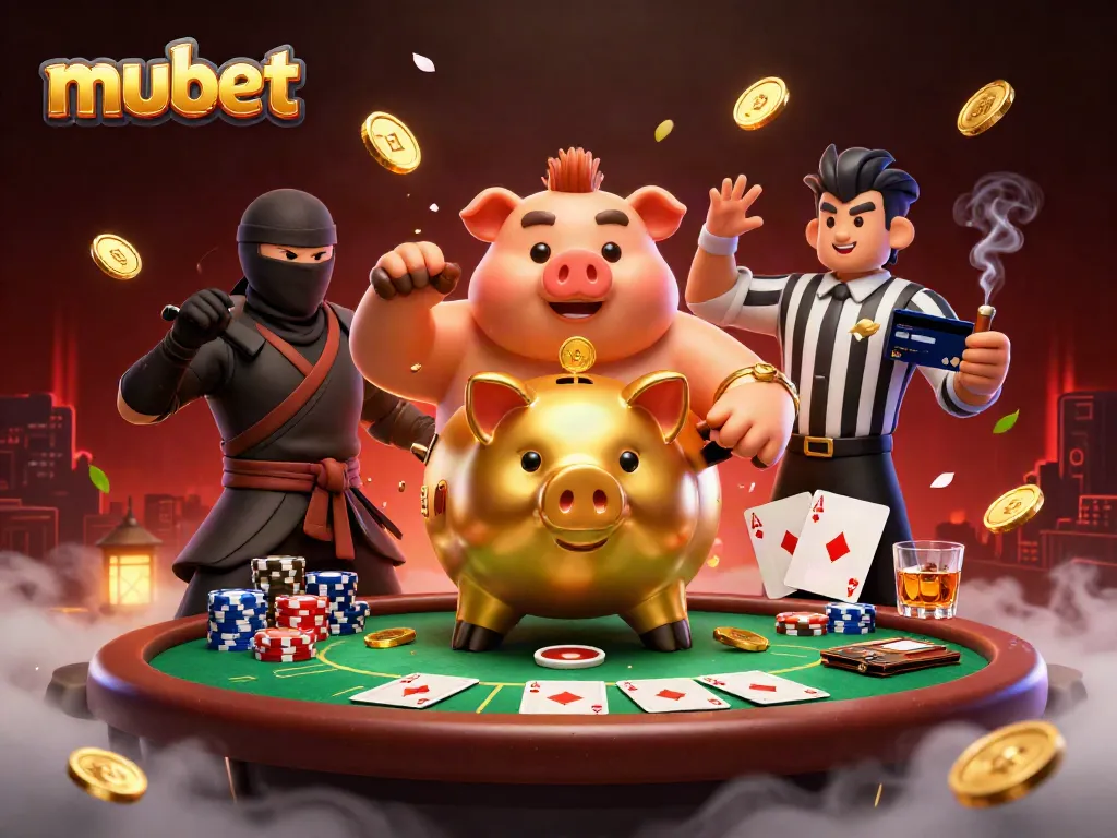 Engaging scene with mubet logo features a golden piggy bank sumo wrestler, wallet-ninja, and samurai in action