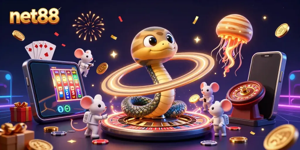 Engage in thrilling games with net88 featuring cosmic characters and festive gaming elements.