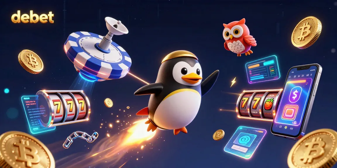 Engage with debet in a vibrant 3D casino universe featuring a golden penguin and crypto elements.