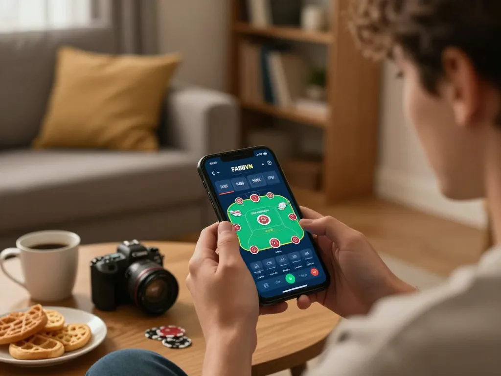 Engaging mobile gaming experience with FA88VN app showing poker action in a cozy home setting