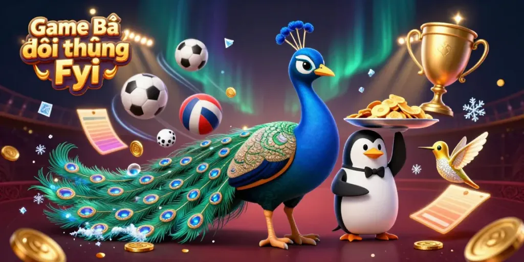 Experience Game Bài Đổi Thưởng Fyi through a vibrant 3D illustration of gambling elements and characters.