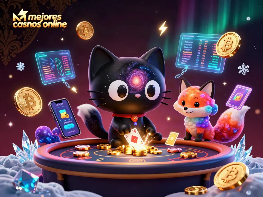 Encuentra los mejores casinos online mientras un gato negro cósmico atrae fichas de oro en una mesa de casino.