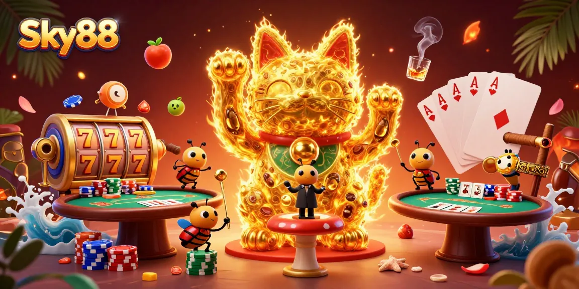 Experience the thrilling ambiance of Sky88 with a dynamic illustration of a lucky cat and casino elements.