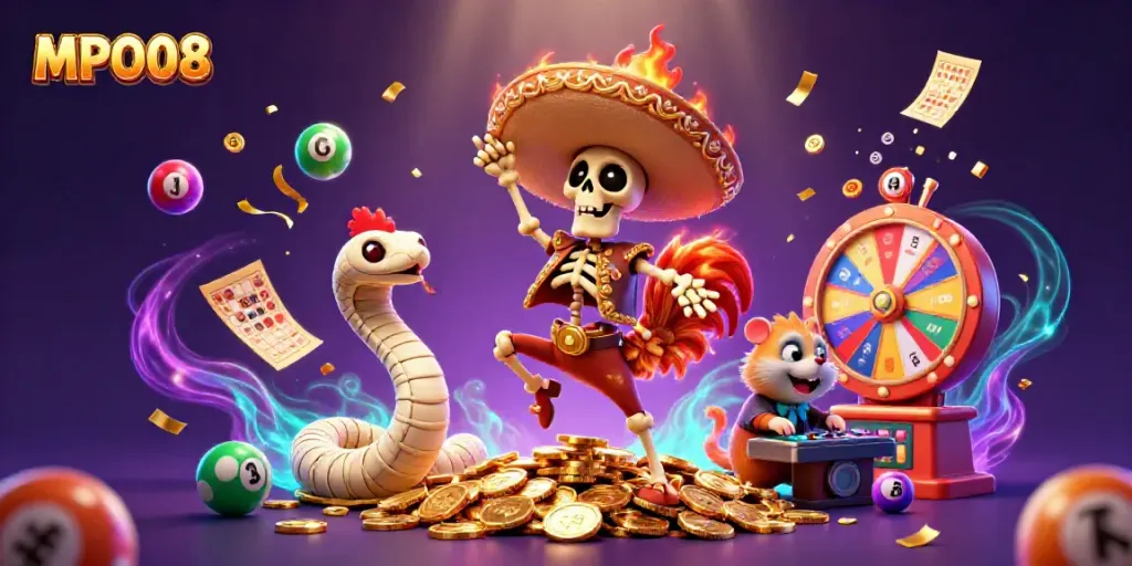 Engage in the excitement of MPO08 with vibrant casino elements in a festive scene.