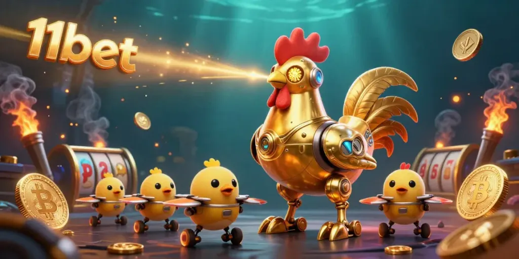 Engage in exciting gambling with 11bet's dynamic 3D illustration of a golden robot and baby chick drones surrounded by vibrant game elements.