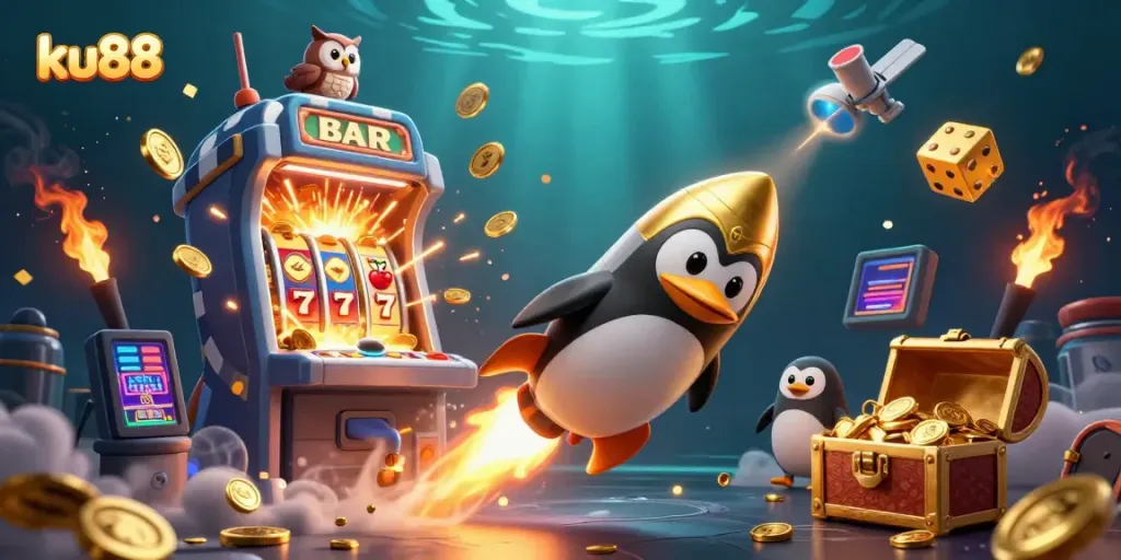 Experience exciting casino adventures with ku88's rocket-powered penguin and a jackpot-filled space scene.