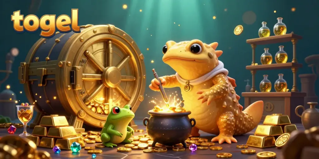 Experience togel with a magical scene of a golden salamander alchemist creating wealth in a mystical laboratory.