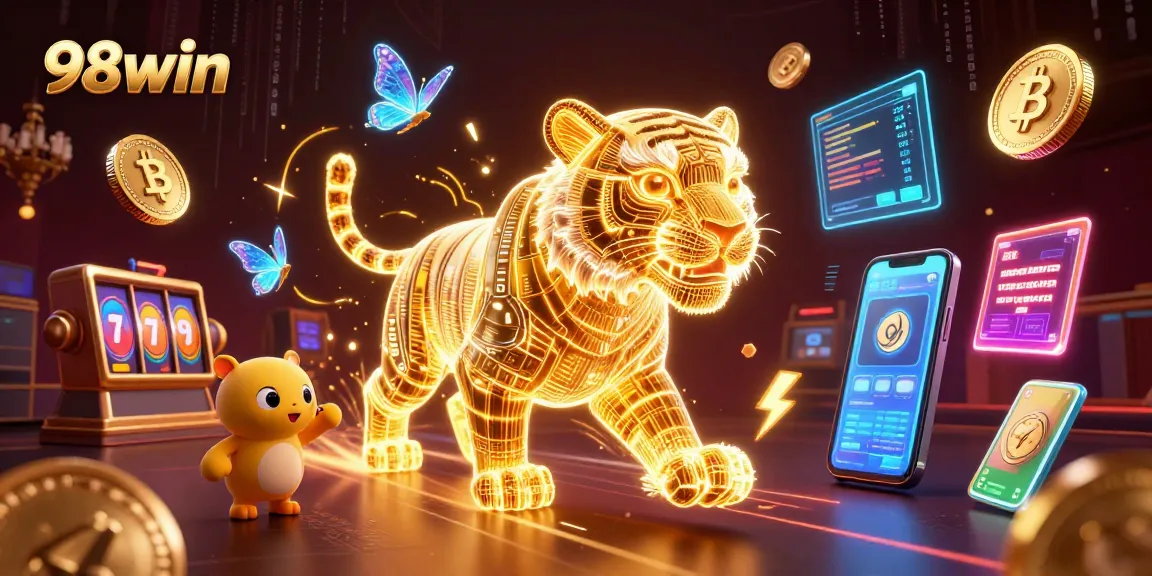 Experience thrilling gambling adventures at 98win with neon-wireframe golden tiger in a vibrant digital casino.