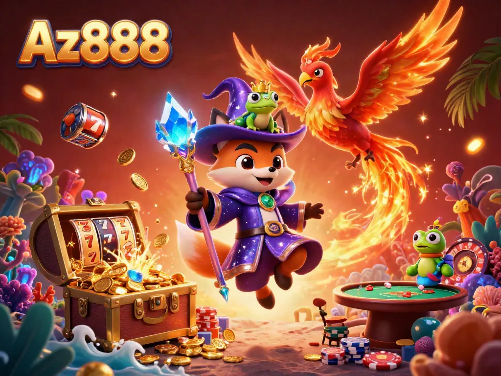 Engage with Az888's vibrant casino experience, featuring fantasy characters amidst thrilling gaming elements.