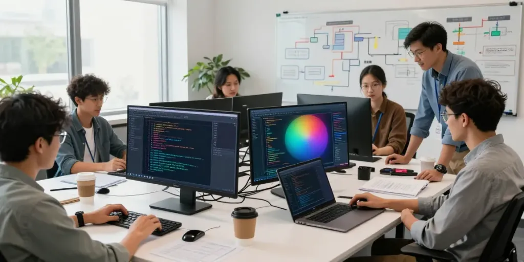 Enterprise AI team collaborating in a bright tech workspace.