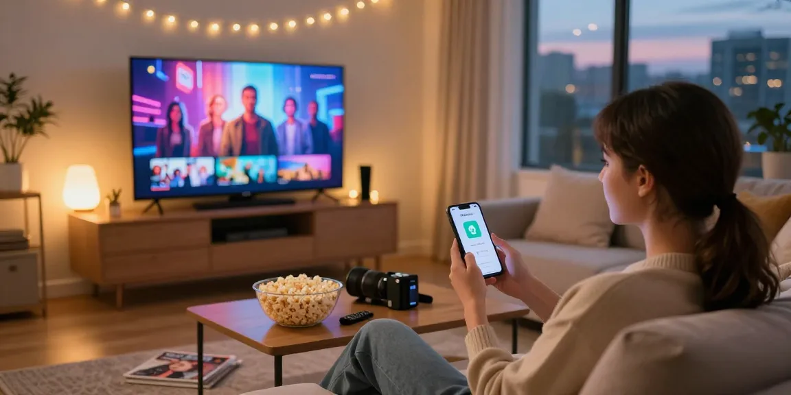 Enjoying Pikashow APK on smartphone in cozy living room with ambient lights.