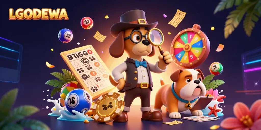 Experience the thrill of winning with LGODEWA, featuring a cartoon detective and exciting lottery elements.