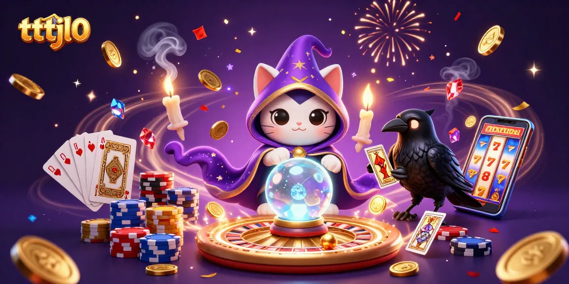 Engage with the mystical world of tttjl0 as glowing cards and coins cascade in an enchanting casino scene.