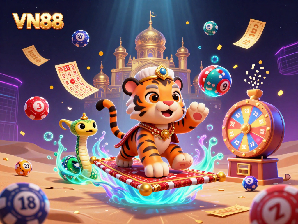 Experience exciting gaming adventures with VN88 in a vibrant casino-themed illustration.